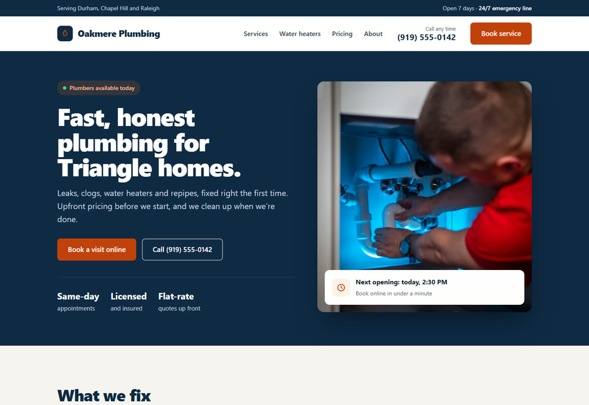 Oakmere Plumbing, a concept website for a plumbing company, with online booking and a call button